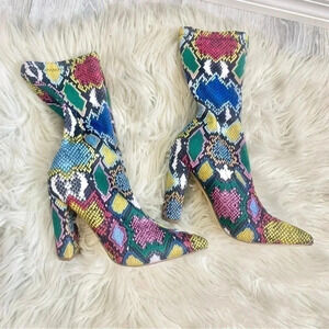Rainbow multicolor snakeskin print fabric sock pointed boots 6.5